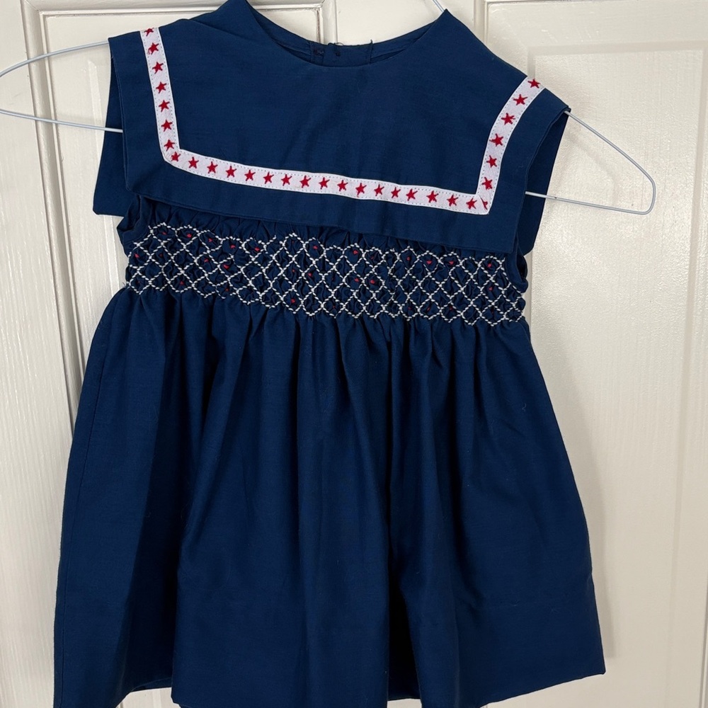 Vintage 1950s Handmade hand-smocked toddler dress-Red White Blue Patriotic
